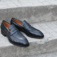 Crafted Leather Classic Black Exotic Crocodile Alligator Leather Loafers Dress Shoes - Thumbnail 1