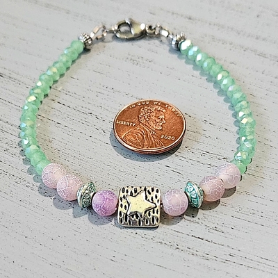 Dainty mint green ab crystals and matte plum purple dragon vein agate gemstones star charm bracelet stainless steel
