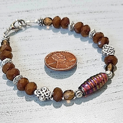 Chocolate brown czech glass lampwork faceted crystal beaded bracelet