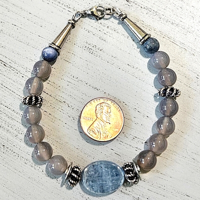 Gorgeous unisex blue kyanite and gray agate gemstone bracelet with stainless steel clasp and silver tierra cast findings
