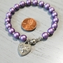 Lavender Satin Czech Glass Druk and Silver Memory Wire Bracelet with Magnetic Clasp and Rhinestone Heart Charm-1
