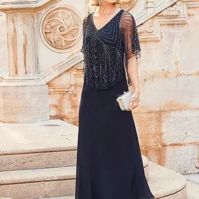 Mother off bride dresses chiffon navy blue v neck crystal beading short sleeves tea length with wrap cape plus size wedding guest dress
