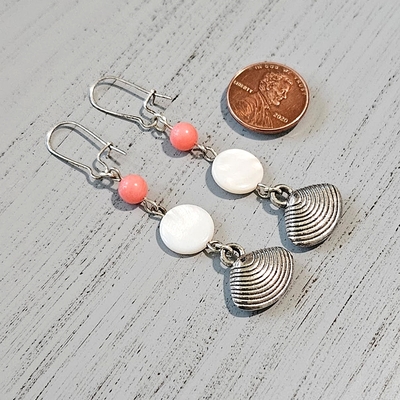 Peach coral rounds white mother of pearl shell coins seashell charm silver plated drop dangle earrings