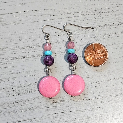 Sweet as candy czech glass pink opal sleeping beauty turquoise purple crazy lace agate pink jade coin dangle drop surgical steel earrings