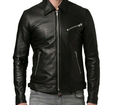 Men’s Zipper Leather Jacket Genuine Real Lambskin Leather Jacket