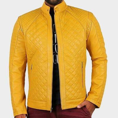 New Men's Yellow Leather Original Lambskin Biker Quilted Style Biker Jacket