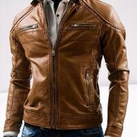 New Handmade Men's Real Lamb-skin Leather Designer Jacket - Thumbnail 1