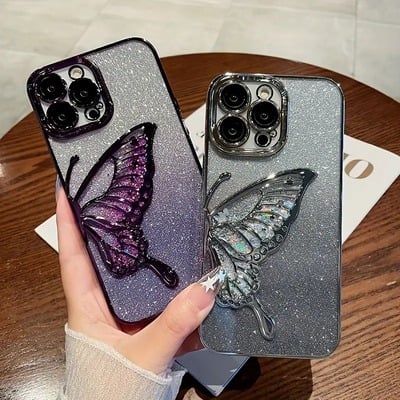 Glitter butterfly graphic phone case for iphone 14/13/15/12 pro max