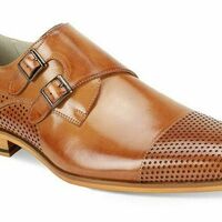 Men's Dress Shoes Cap Toe Monk Strap Tan Perforated Leather GIOVANNI GYLES - Thumbnail 4
