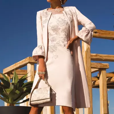 Elegant satin mother of the bride dresses with jacket knee length sheath wedding guest gowns 3/4 long sleeves formal women outfit