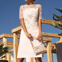 Elegant Satin Mother Of The Bride Dresses With Jacket Knee Length Sheath Wedding Guest Gowns 3/4 Long Sleeves Formal Women Outfit - Thumbnail 1