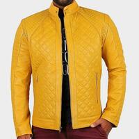 New Men's Yellow Leather Original Lambskin Biker Quilted Style Biker Jacket - Thumbnail 4