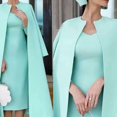 Mother's dresses custom mother of the bride plus size zipper new formal straight satin with jacket two pieces o-neck long sleeve tea-length