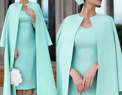 Mother's Dresses Custom Mother Of The Bride Plus Size Zipper New Formal Straight Satin With Jacket Two Pieces O-Neck Long Sleeve Tea-Length