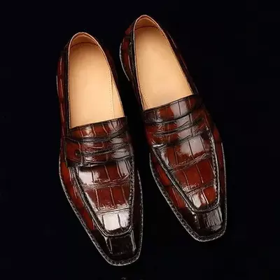 Handmade men brown crocodile dress shoes, slip on moccasin shoes for men