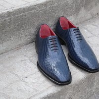 Crafted Leather Dress Shoes Men Classic Blue Crocodile/Alligator Oxford  - Thumbnail 4