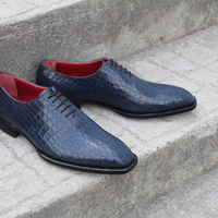 Crafted Leather Dress Shoes Men Classic Blue Crocodile/Alligator Oxford  - Thumbnail 7