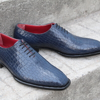 Crafted Leather Dress Shoes Men Classic Blue Crocodile/Alligator Oxford  - Thumbnail 8