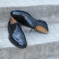 Crafted Leather Classic Men Black Calf Leather Wingtip Oxford Lace up Dress Shoes - Thumbnail 1