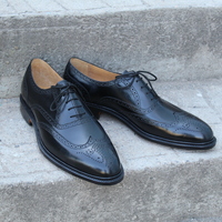 Crafted Leather Classic Men Black Calf Leather Wingtip Oxford Lace up Dress Shoes - Thumbnail 3