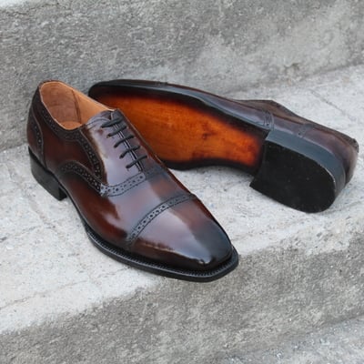 Crafted leather dark brown patina oxford lace up dress shoes for men  - Thumbnail 4