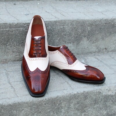 Crafted leather classic dress shoes brown white leather wingtip oxford  - Thumbnail 3