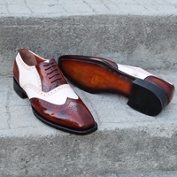 Crafted Leather Classic Dress Shoes Brown White Leather Wingtip Oxford  - Thumbnail 2