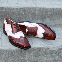 Crafted Leather Classic Dress Shoes Brown White Leather Wingtip Oxford  - Thumbnail 1