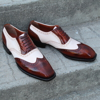 Crafted Leather Classic Dress Shoes Brown White Leather Wingtip Oxford  - Thumbnail 3