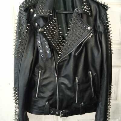 Crafted leather men silver studded classic punk rock black leather fashion jacket  - Thumbnail 2