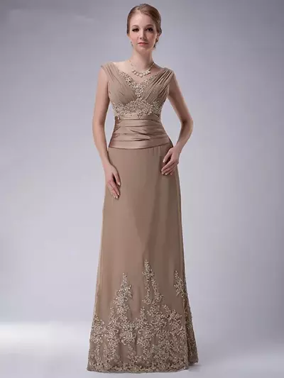 Champagne Mother Of The Bride Dress A-line Cap Sleeves Chiffon Lace Beaded Long Elegant Wedding Groom Gowns 