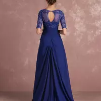 Navy Blue 1/2 Sleeve Mother of the Bride Dresses V Neck Vintage Lace Floor Length Formal Evening Party Wear - Thumbnail 1