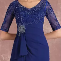 Navy Blue 1/2 Sleeve Mother of the Bride Dresses V Neck Vintage Lace Floor Length Formal Evening Party Wear - Thumbnail 5