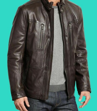 Men's Brown Genuine Lambskin Leather Jacket Biker Motorcycle Jacket