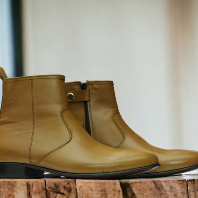 Handmade men's mustard leather boot ankle high ,zipper boot  - Thumbnail 1