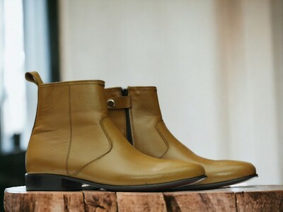 Handmade Men's Mustard Leather Boot Ankle High ,Zipper Boot 