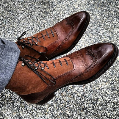 Handmade brown color ankle high boot, men's leather suede wing tip lace up boot