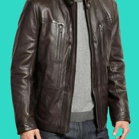 Men's Brown Genuine Lambskin Leather Jacket Biker Motorcycle Jacket - Thumbnail 4