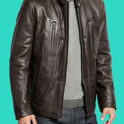 Men's brown genuine lambskin leather jacket biker motorcycle jacket