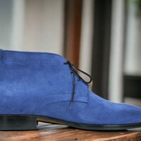 Handmade Men's Blue Suede Boot ,Lace up ,Half Ankle Boot - Thumbnail 1