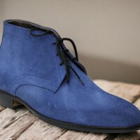 Handmade Men's Blue Suede Boot ,Lace up ,Half Ankle Boot - Thumbnail 2