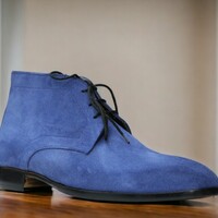 Handmade Men's Blue Suede Boot ,Lace up ,Half Ankle Boot - Thumbnail 3