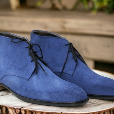 Handmade men's blue suede boot ,lace up ,half ankle boot