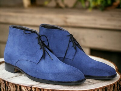 Handmade Men's Blue Suede Boot ,Lace up ,Half Ankle Boot