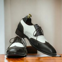 Handmade Men's Black and White Leather Shoes ,Lace up Dress Shoes  - Thumbnail 1