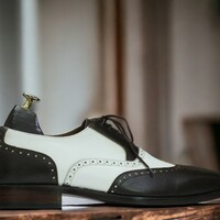 Handmade Men's Black and White Leather Shoes ,Lace up Dress Shoes  - Thumbnail 2