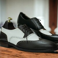 Handmade Men's Black and White Leather Shoes ,Lace up Dress Shoes  - Thumbnail 3