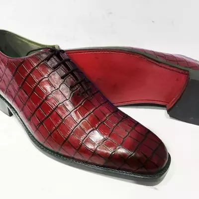 Handmade men's red alligator texture leather whole cut lace up dress shoes, men'
