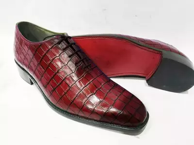 Handmade Men's Red Alligator Texture Leather Whole Cut Lace Up Dress Shoes, Men'