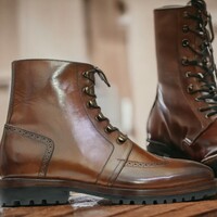 Handmade Men's Brown Leather  Ankle High ,Zipper Lace up Boot ,Wing tip Boot - Thumbnail 1